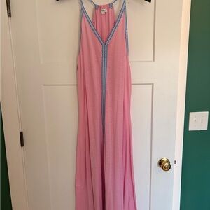 Pink Maxi Dress with Blue Trim